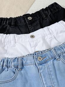 SHEIN 女童休闲宽松多件装百搭牛仔短裤 - 彩色 - 查看 3