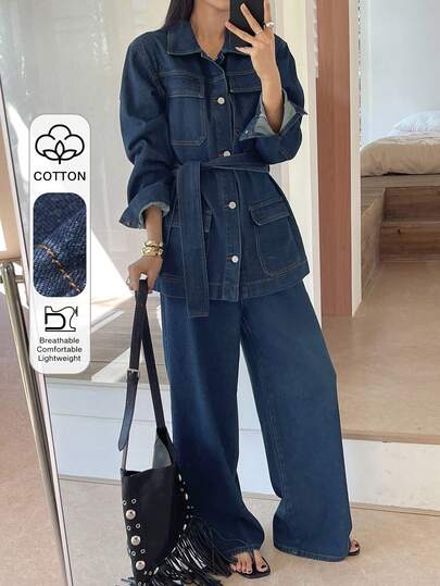 DAZY 女款單排釦長袖上衣與寬腿牛仔褲休閒日常丹寧套裝，海軍藍，秋季風格