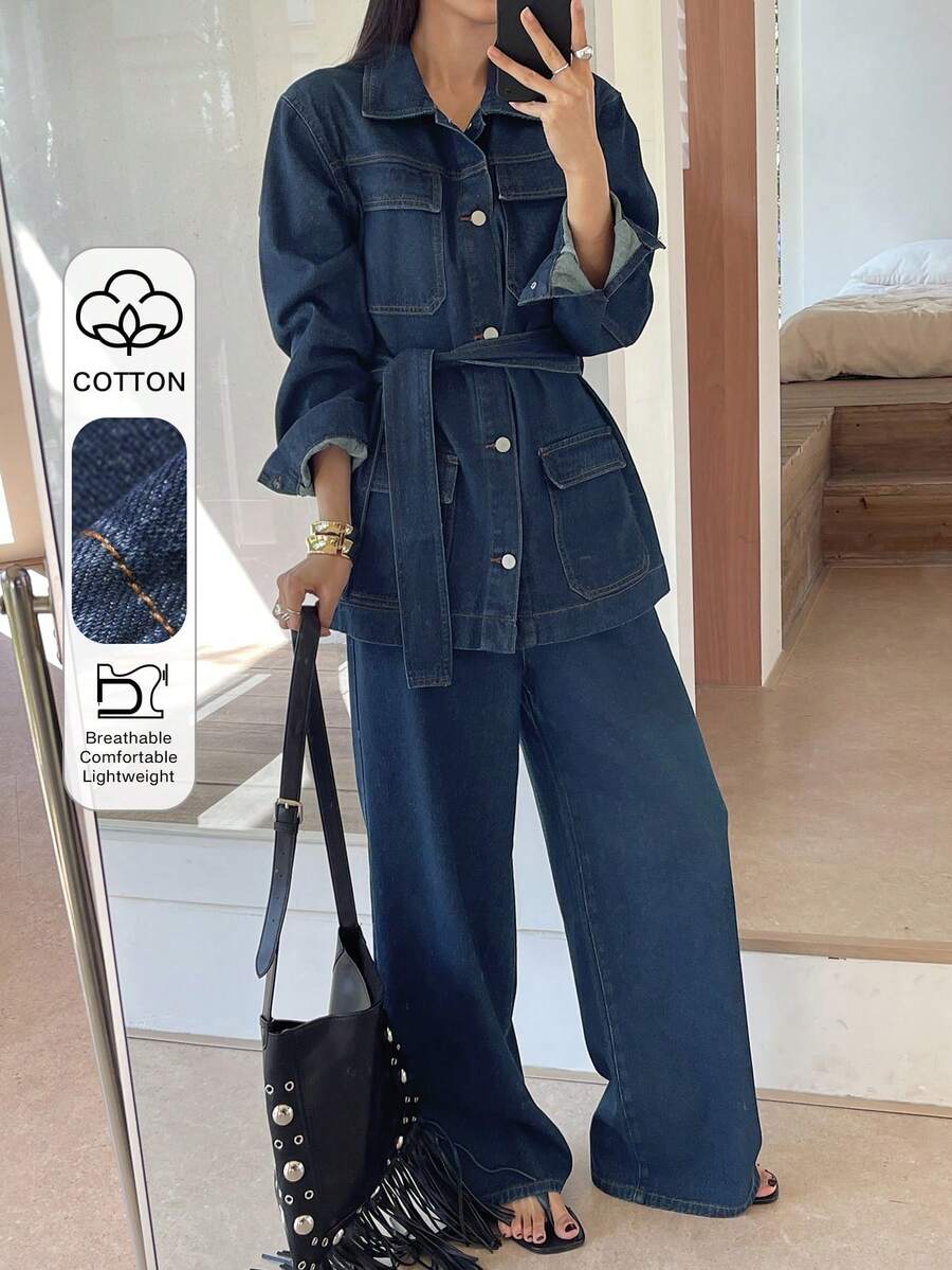 DAZY 女款單排釦長袖上衣與寬腿牛仔褲休閒日常丹寧套裝,海軍藍,秋季風格 - 中等水洗藍 - 查看 1