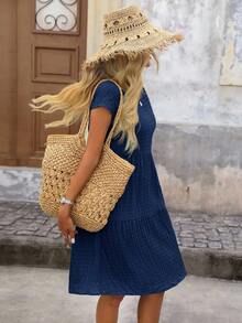 Brillora 女士春夏纯色荷叶边圆领短袖连衣裙 - 藏蓝色 - 查看 6