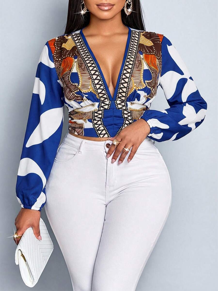 SOLERSUN 大码女装秋冬日常休闲及优雅通勤装。杏色底黑色花卉印花。梭织面料。深V领。腰部褶裥。后背收褶。长袖。灯笼袖。衬衫/罩衫，万圣节主题。 - 藍色 - 查看 1