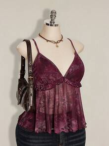 SHEIN ICON Plus Size Women Plant Print Ruffle Hem Camisole Tank Top For Holiday,Rave Top - Purple - View 6