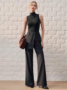 Anewsta 2pcs Women's Asymmetrical Layered High Waist Flared Leg Casual/Office Commute Pants Set - Dark Grey - View 4