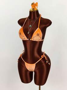 Amplova Conjunto de dos piezas de chaleco de estilo bohemio para vacaciones con copa triangular, bordado con cuentas, color verde, sexy y vanguardista para mujer - Naranja - Ver 3