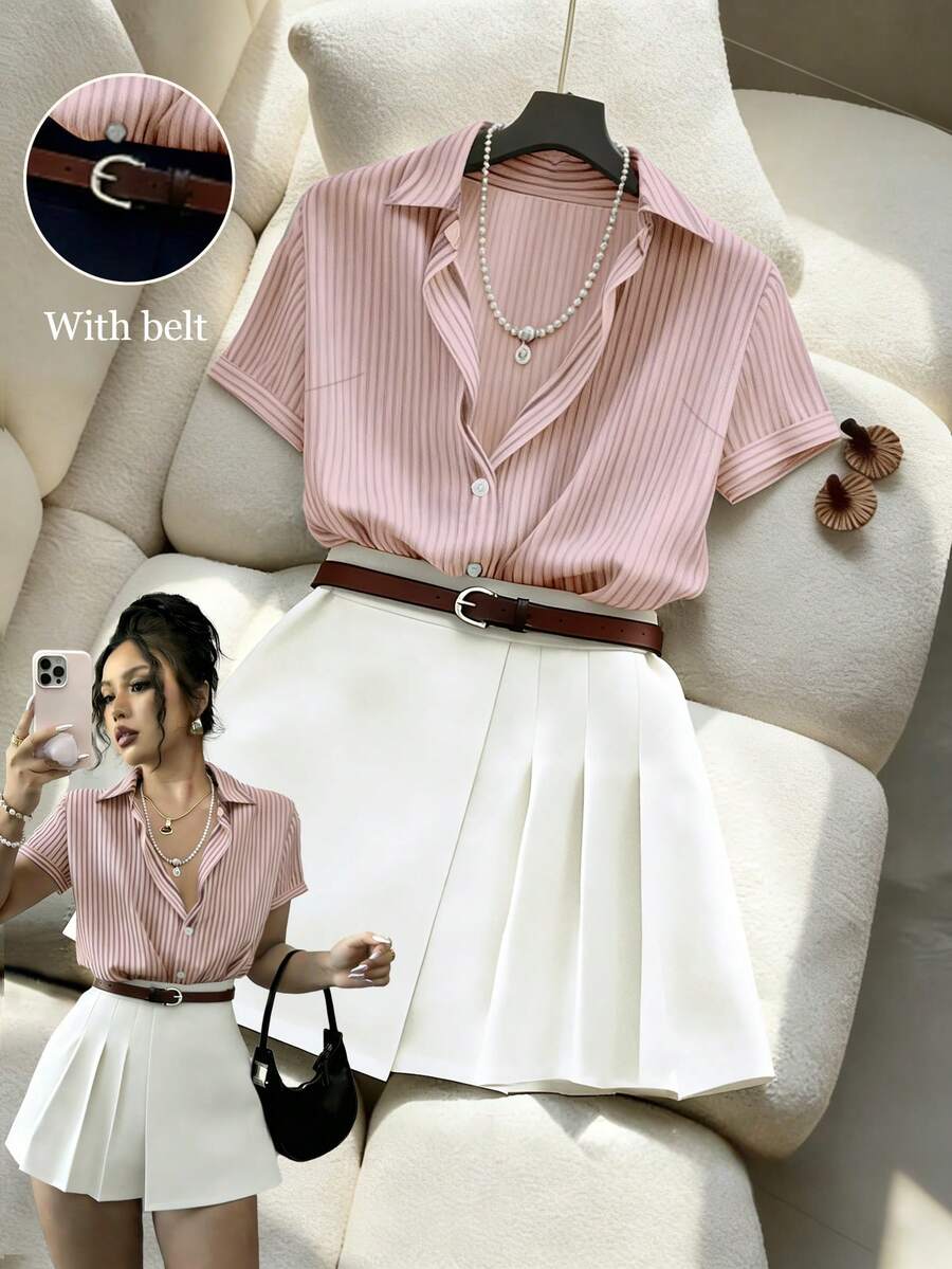 Franclia 夏季休闲条纹短袖衬衫和百褶裙两件套 - 粉色 - 查看 1