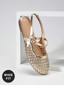 SHUZIA Ladies Wide Fit Crochet Woven PU Slingback Mules - Gold - View 5