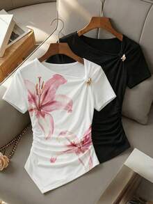 少女碎花短袖T恤 - 黑與白 - 查看 5