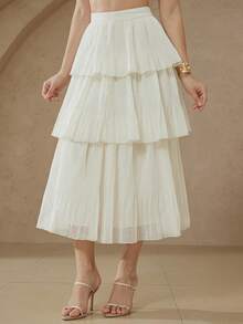 Aveloria Rosie 优雅法式风格女士简约浪漫约会奢华质感仿亚麻多层褶裥半身裙 - 白色 - 查看 4
