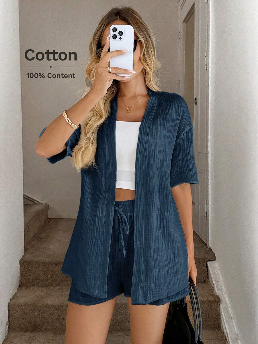 Easowa White Cotton Crinkle Kimono Cover Up+Shorts Casual Vacation Outfit, Spring/Summer Cruise For Women Short Set Up Top Coords Summer Business Lounge Sets - Blue - View 1