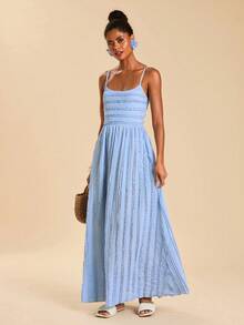 Travachic 女士纯色荷叶边休闲连衣裙，优雅女士连衣裙，夏季连衣裙，母亲节连衣裙，蓝色连衣裙，蕾丝连衣裙 - 藍色 - 查看 2