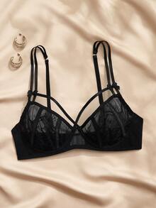 Charlaine Black Lace Patchwork Sheer Underwire Romantic French Style Elegant Refined Ladies Bra - Black - View 8