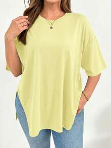 SHEIN Essnce Áo thun ngắn tay màu đen xẻ tà, kiểu dáng đơn giản, thoải mái, rộng rãi, cơ bản dành cho nữ, thích hợp mặc đi chơi, đi sân bay, phong cách mùa hè châu Âu. - Màu xanh hải quân - Xem 3