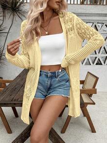 SHEIN LUNE Women's Casual Solid Color Hollow Out Long Sleeve Loose Cardigan - Yellow - View 4