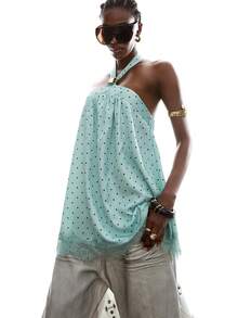 LYSMO 2025新款夏季女士系带露背A字粉色条纹迷你连衣裙。完美打造可爱休闲风、日常穿着、约会装扮和基础时尚造型。 - 薄荷綠 - 查看 7