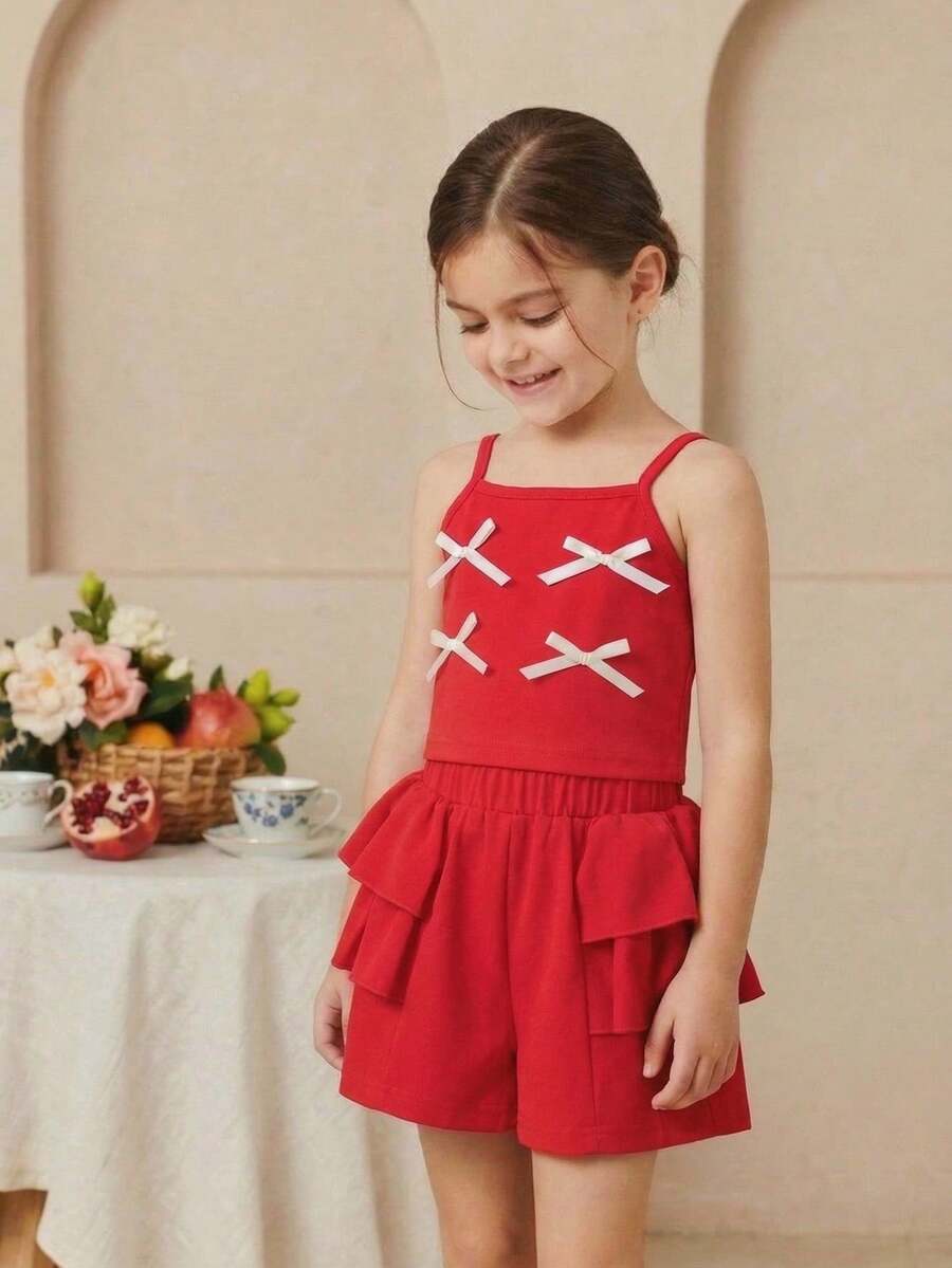 Young Girls Festive Red 2 Pieces Outfit, Sleeveless Top With Bow And Ribbon Details, Layered Ruffles Shorts, Perfect For Spring Summer Birthdays&Parties - Red - View 1