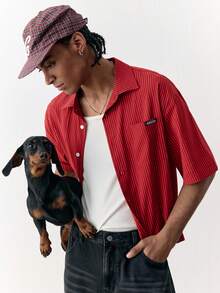 SWAVVY Men's Striped Casual Short Sleeve Shirt - Red - View 6