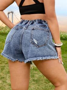 SHEIN EZwear Plus Size Women Summer Casual Daily Commute Fashion Street Ripped Frayed Hem Denim Shorts - Dusty Blue - View 2