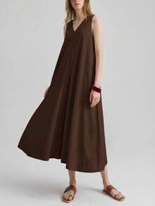 Ontre 女教师套装，独立日，机场时尚，舒适休闲风，V领，无袖，女士长裙，浅粉色，前后不对称设计，喇叭裙，春夏服装，日常穿着，2026新款，舒适休闲连衣裙，休闲装，宽松版型 - 棕色 - 查看 1