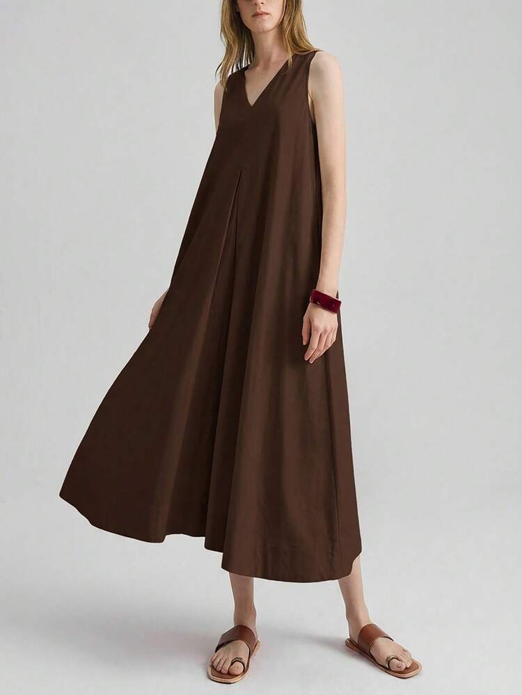 Women's Teacher Outfit, Independence Day, Women's Airport Fashion, Comfortable Casual Style, V-Neck, Sleeveless, Women's Long Dress, Light Pink, Front And Back Uneven Dress, Flared Skirt, Flared Skirt, Spring/Summer Clothing, Everyday Wear, 2026 New Arrival, Comfortable Casual Dress, Casual Wear, Loose Fit,Summer Dresses For Women