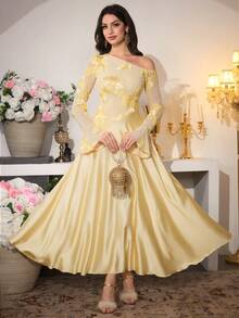 Modelyn Gaun Wanita Musim Gugur Warna Cokelat Seksi dengan Bahu Asimetris, Bordir Jala, Lengan Panjang, Pinggang Tinggi, Model A-Line - Kuning - View 7
