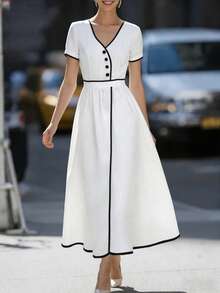 Ellegaria. Women's Elegant Long Dress With Trim Button Design Short Sleeves - Apricot - View 1