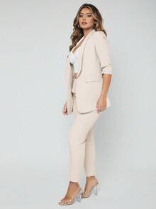EURMUSE Shawl Collar Open Front Blazer & Suit Pants - Beige - View 5