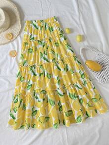 SHEIN 少女休闲乡村柠檬印花拼接裙 - 黃色 - 查看 5