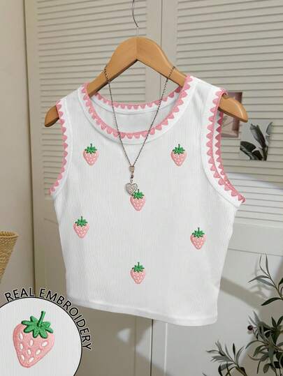 Resyla Strawberry Embroidery Contrast Color Shell Trim Round Neck Cropped Tank Top For Women