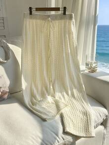 Comfortcana Plus Size Women Vacation Knit Jacquard Loose Textured Fabric Pants - Beige - View 4