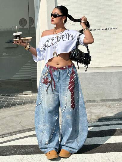 Muchica Quần jeans nữ cỡ lớn kiểu thắt nơ, có túi, ống rộng, dáng suông, thoải mái, đa năng.