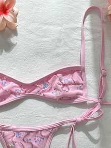 Swim SXY Bộ bikini 2 mảnh màu xanh bạc hà đính sequin gợi cảm mùa xuân/hè 2026, kiểu dây mảnh buộc eo kết hợp tam giác, vẻ ngoài tươi tắn và quyến rũ trên bãi biển, đồ bơi tôn dáng, bộ bikini thêu cho nữ, bộ bikini màu hồng, bộ bikini 2 mảnh, bộ bikini hoa hồng. - Hồng - Xem 3