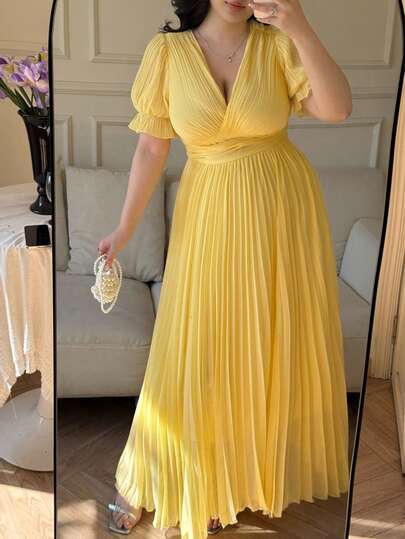 Vibekara Đầm nữ cỡ lớn tay ngắn màu vàng trơn, kiểu dáng công chúa Pháp thanh lịch, xếp ly, tay bồng, dáng chữ A, thích hợp cho kỳ nghỉ, đám cưới, tiệc cưới, tiệc tùng và mặc thường ngày.