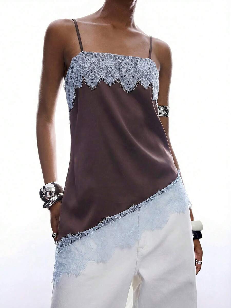 LYSMO Women's Solid Color Lace Patchwork Camisole - Brown - View 1