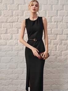 Anewsta Women's High-End Luxury Design Slit Fitted Dress, Suitable For Summer Party, Wedding Guest, Black Elegant Dress - Black - View 8