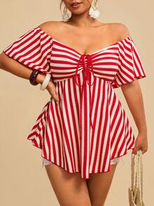 Travachic Vintage Plus Size Casual Holiday Spring/Summer Beachside Boho Jacquard Striped Off-Shoulder Drawstring Colorful Women Blouse/Shirt - Red and White - View 6
