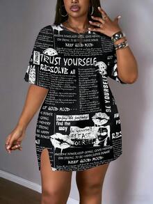 Slaydiva Vintage Poster Print Plus Size Dress, Suitable For Music Festivals - Multicolor - View 5