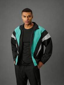 Acti Log Men's Patchwork Stand Collar Black Multi-Color Zipper Front Jacket,Autumn Smart Sporty Vacation Versatile Athletic Gym Fitness Workout Activewear - Black - View 8