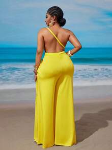 Maweii 大码系带无肩带褶皱休闲连体裤 - 黃色 - 查看 6