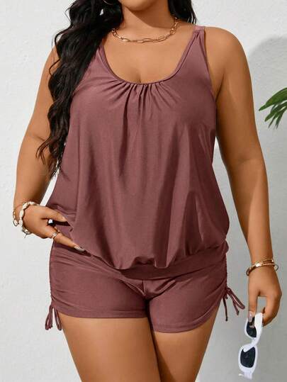 Swim Lushoire Bộ bikini tankini xếp ly màu trơn dành cho nữ cỡ lớn, kiểu dáng đi biển và nghỉ dưỡng.