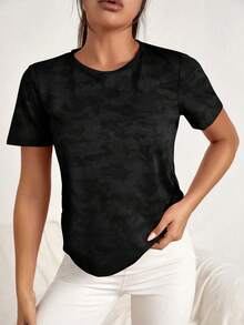 Easithlete Easithlete Solid Color Round Neck Asymmetric Hem Short Sleeve Sports T-Shirt - Black - View 4