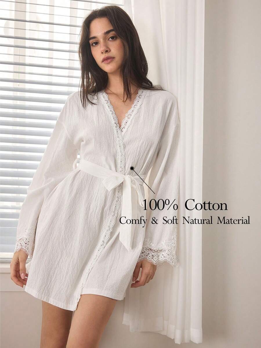 Ocili Soft Cotton Embroidered Trim Comfortable Robe For Women - White - View 1