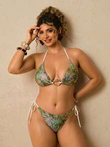 Travachic Bộ bikini tam giác in họa tiết lá nhiệt đới – Áo yếm cổ yếm với chi tiết vòng vàng và quần cạp thấp buộc dây bên hông, đồ bơi gợi cảm cho kỳ nghỉ hè trên bãi biển dành cho nữ. - màu xanh lá - Xem 5
