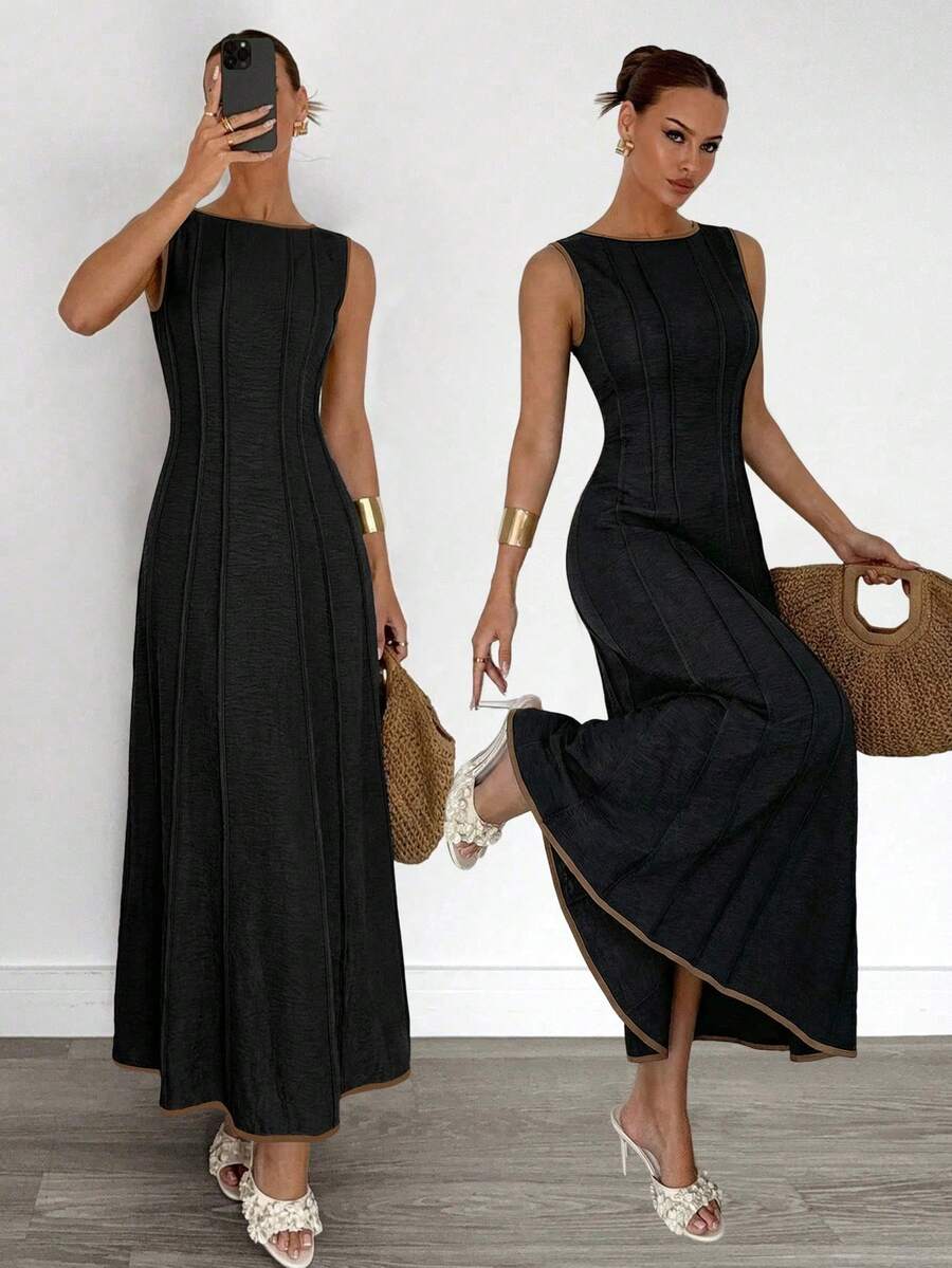 Siren Gaze 夏季新款褶皱无袖A字连衣裙 - 黑色 - 查看 1