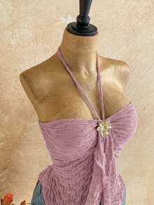 Soleia Camiseta asimétrica con decoración de conchas marinas, adecuada para vacaciones en la playa, verano - Rosa - Ver 4