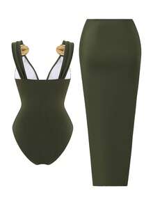 Swim Oasis Women's Solid Color Elegant One-Piece Swimsuit + Long Skirt With Round Golden Decor, Green Summer Holiday Beach Party Resort Dinner Outfits - Army Green - View 2