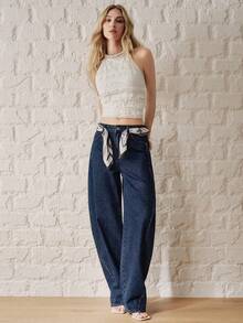 Anewsta Essential Navy Blue Wide Leg Jeans Everyday Summer Casual - Blue - View 4