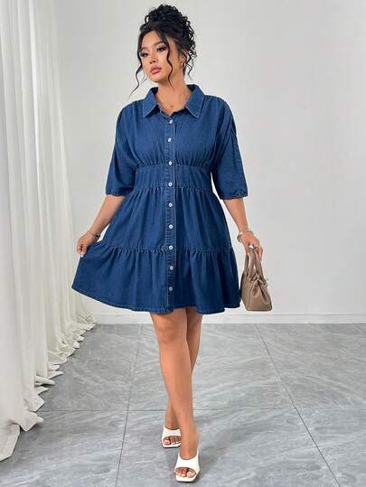 Elenzga Đầm denim màu xanh nhạt không co giãn, thanh lịch và thoải mái dành cho phụ nữ cỡ lớn