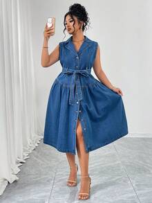 Elenzga Plus Size Women Elegant & Comfortable Light Blue Non-Stretch Denim Dress, Summer, Jean Dress - Light Wash - View 4
