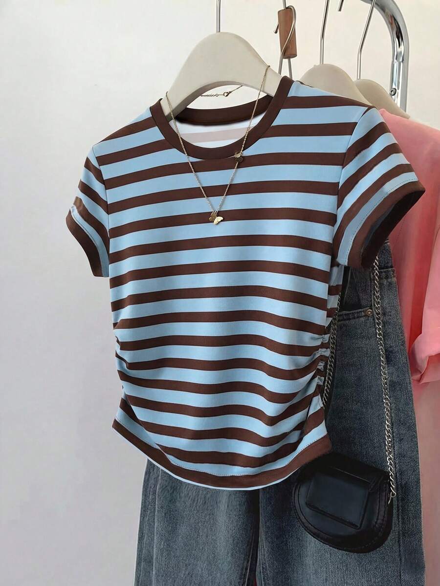 Camiseta casual de cuello redondo a rayas para niñas preadolescentes, versátil para uso diario - Azul - Ver 1