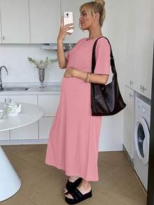 Slowluna Pregnant Women Solid Color Round Neck Short Sleeve Casual Dress - Pink - View 2